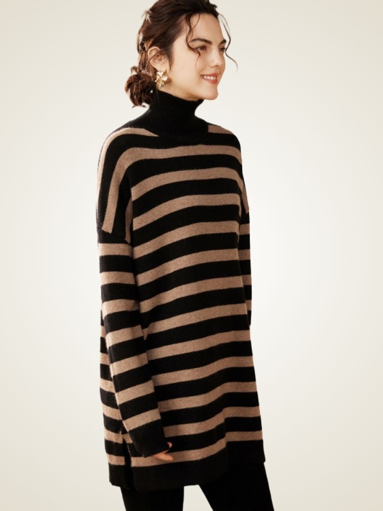 Lanlycashmere Mini Striped Cashmere Dress – Turtleneck Knit Sweater Dress