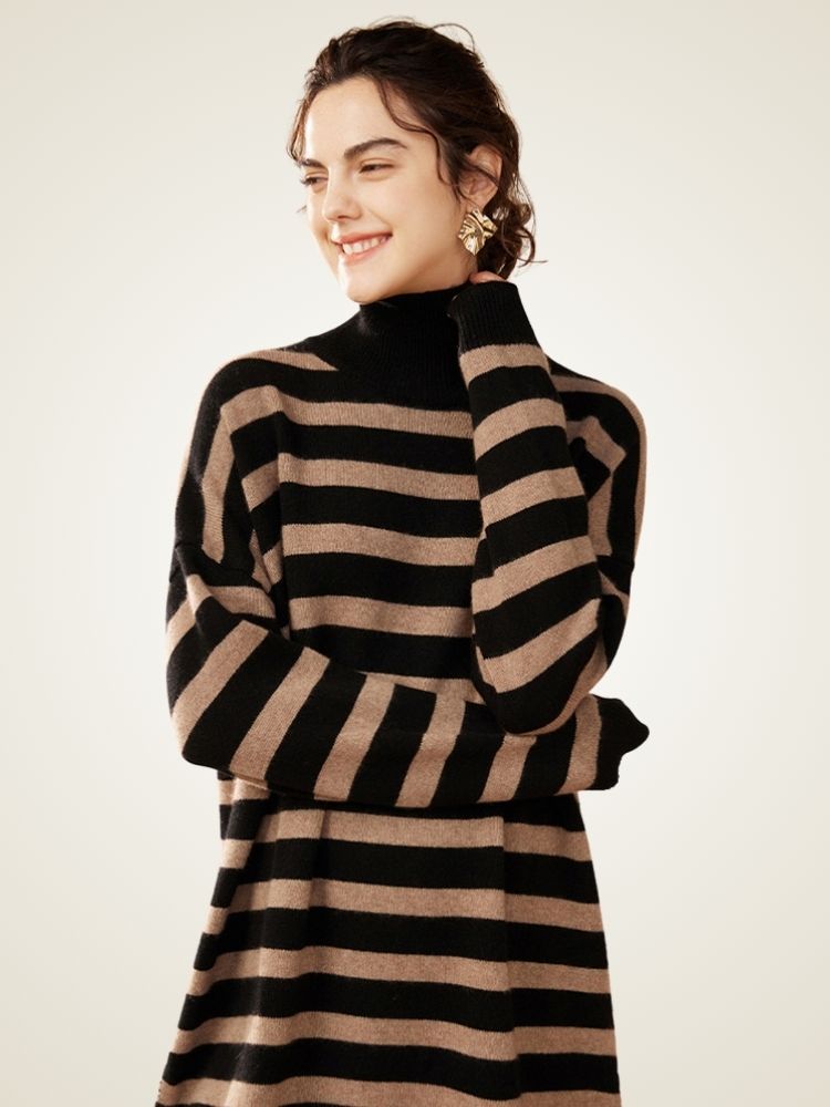 Lanlycashmere Mini Striped Cashmere Dress – Turtleneck Knit Sweater Dress