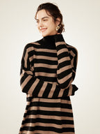 Lanlycashmere Mini Striped Cashmere Dress – Turtleneck Knit Sweater Dress