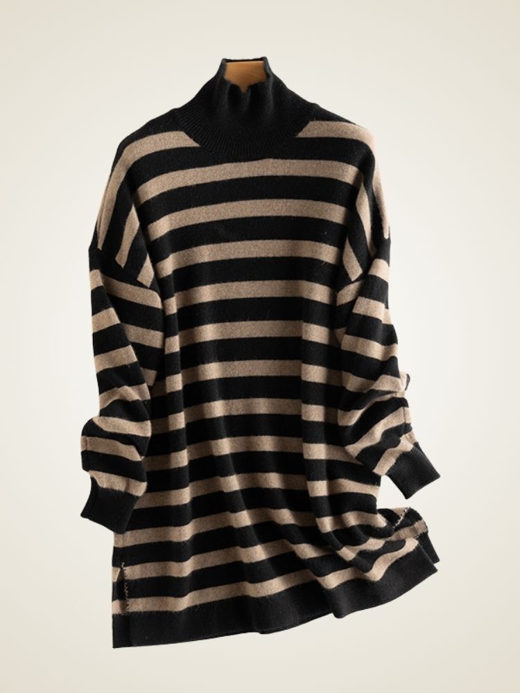 Lanlycashmere Mini Striped Cashmere Dress – Turtleneck Knit Sweater Dress