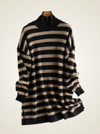 Lanlycashmere Mini Striped Cashmere Dress – Turtleneck Knit Sweater Dress