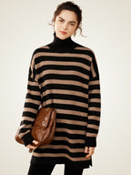 Lanlycashmere Mini Striped Cashmere Dress – Turtleneck Knit Sweater Dress