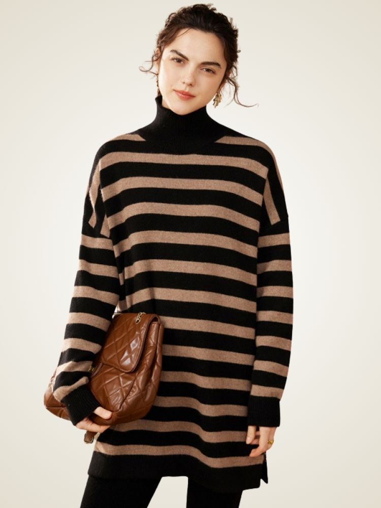 Lanlycashmere Mini Striped Cashmere Dress – Turtleneck Knit Sweater Dress