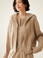Lanlycashmere Ribbed Zip-Up Cashmere Hoodie – Luxury Hooded Cardigan