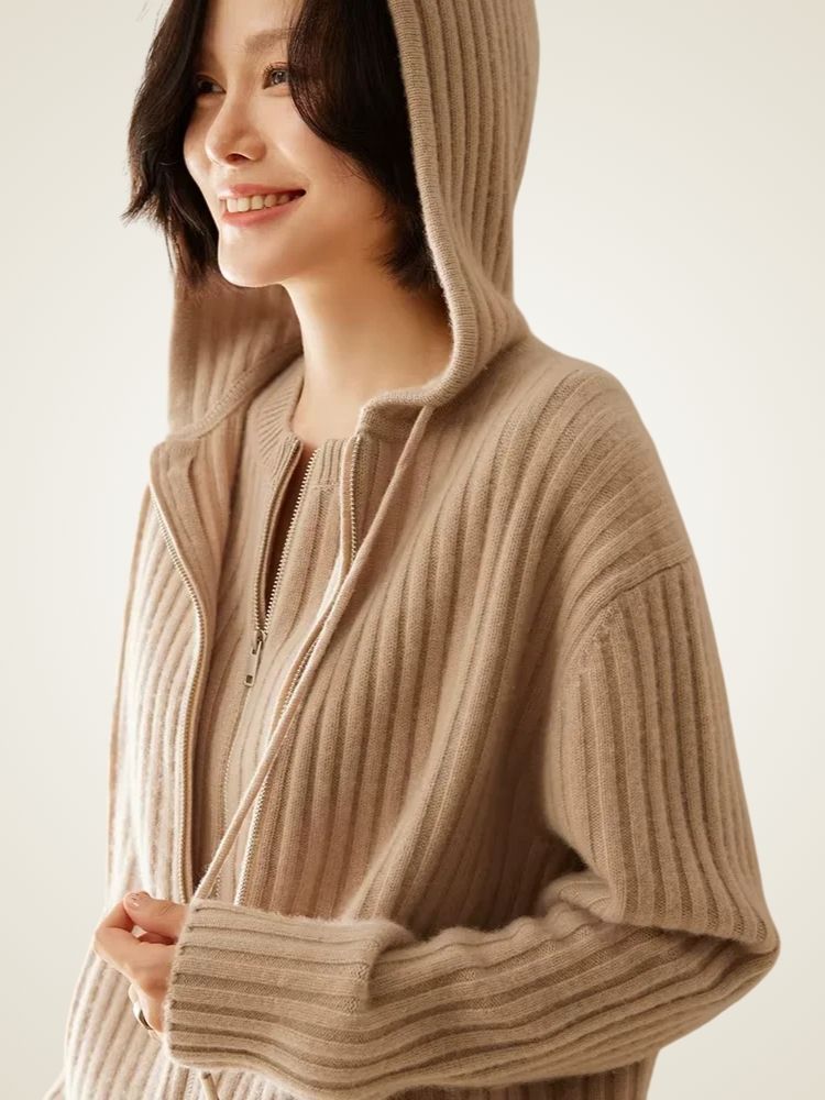 Lanlycashmere Ribbed Zip-Up Cashmere Hoodie – Luxury Hooded Cardigan