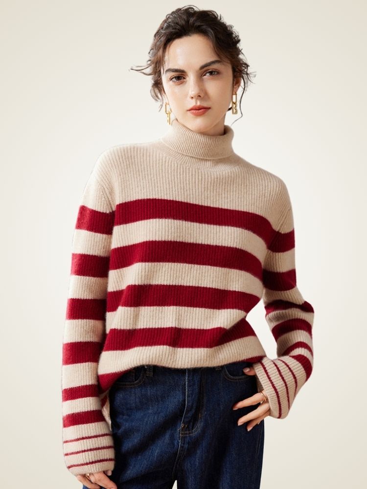 Lanlycashmere Striped Cashmere Turtleneck Sweater – Oversized Knit Pullover