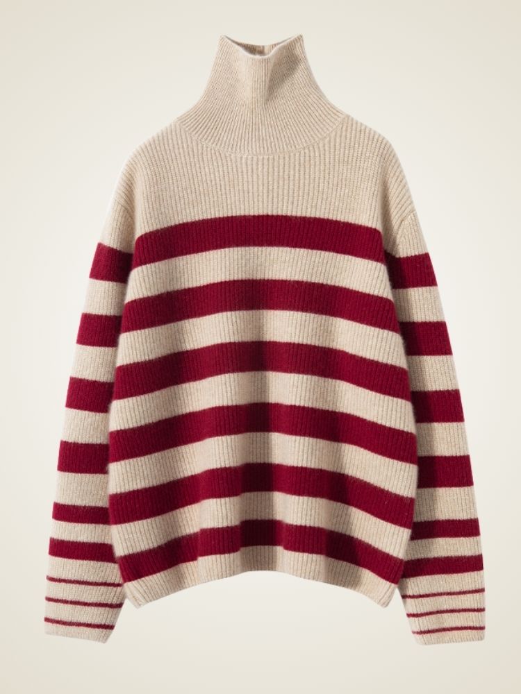 Lanlycashmere Striped Cashmere Turtleneck Sweater – Oversized Knit Pullover