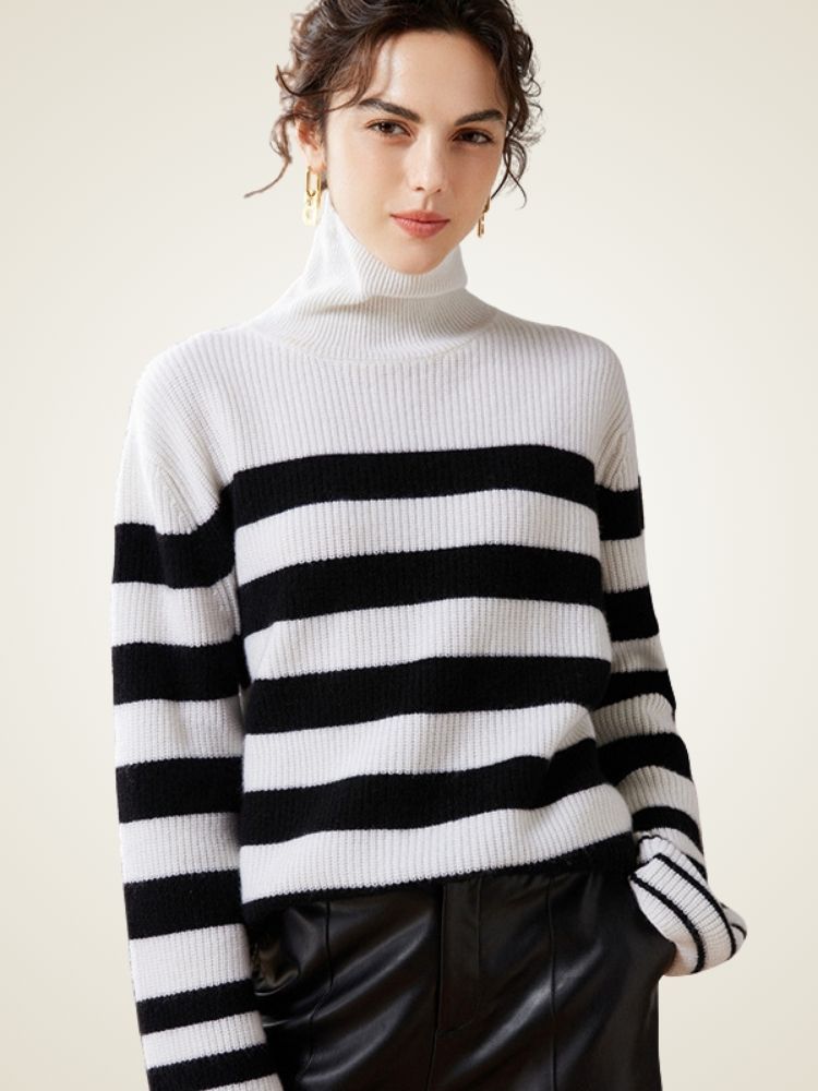 Lanlycashmere Striped Cashmere Turtleneck Sweater – Oversized Knit Pullover