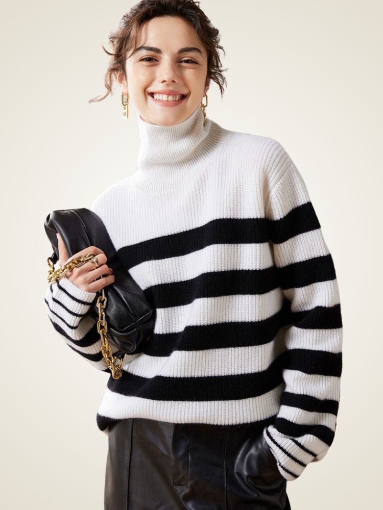 Lanlycashmere Striped Cashmere Turtleneck Sweater – Oversized Knit Pullover
