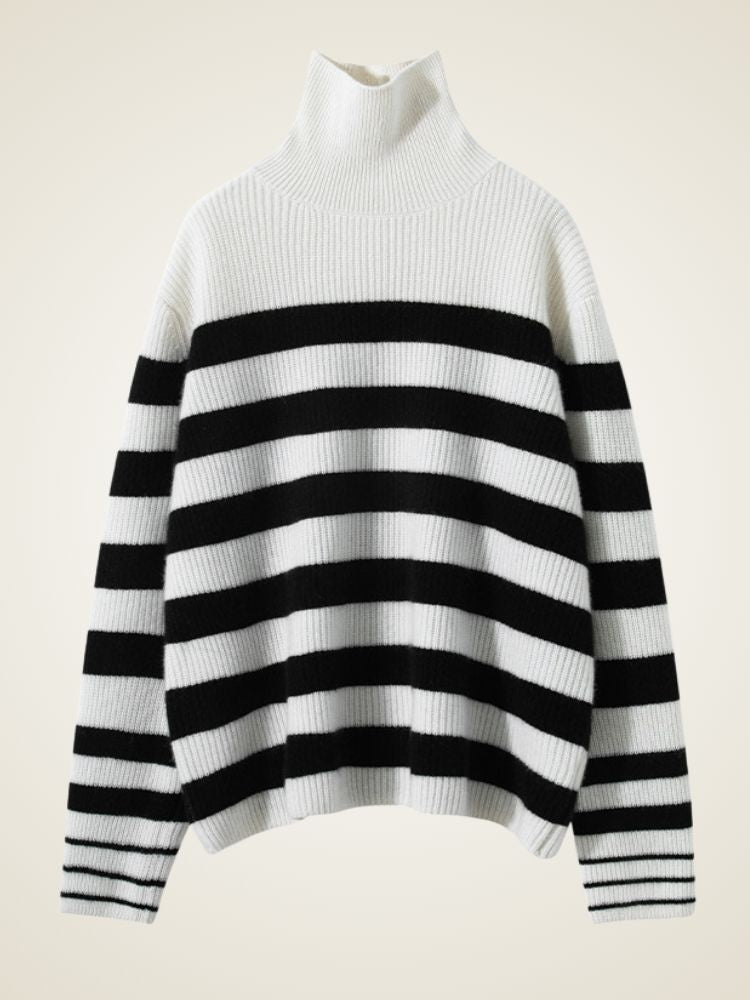 Lanlycashmere Striped Cashmere Turtleneck Sweater – Oversized Knit Pullover