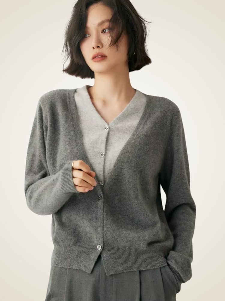 Lanlycashmere Women Faux Layered Cashmere Cardigan 