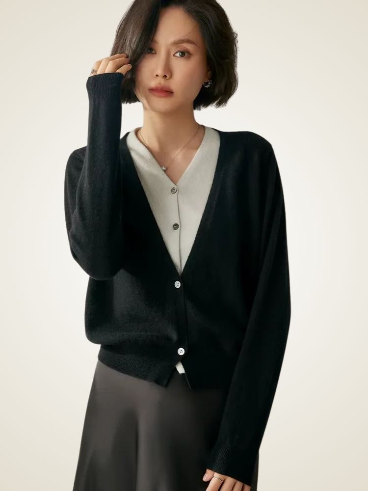 Lanlycashmere Women Faux Layered Cashmere Cardigan 