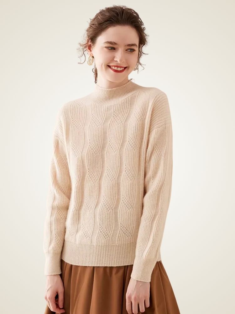 Lanlycashmere Women Mock Neck Cashmere Sweater