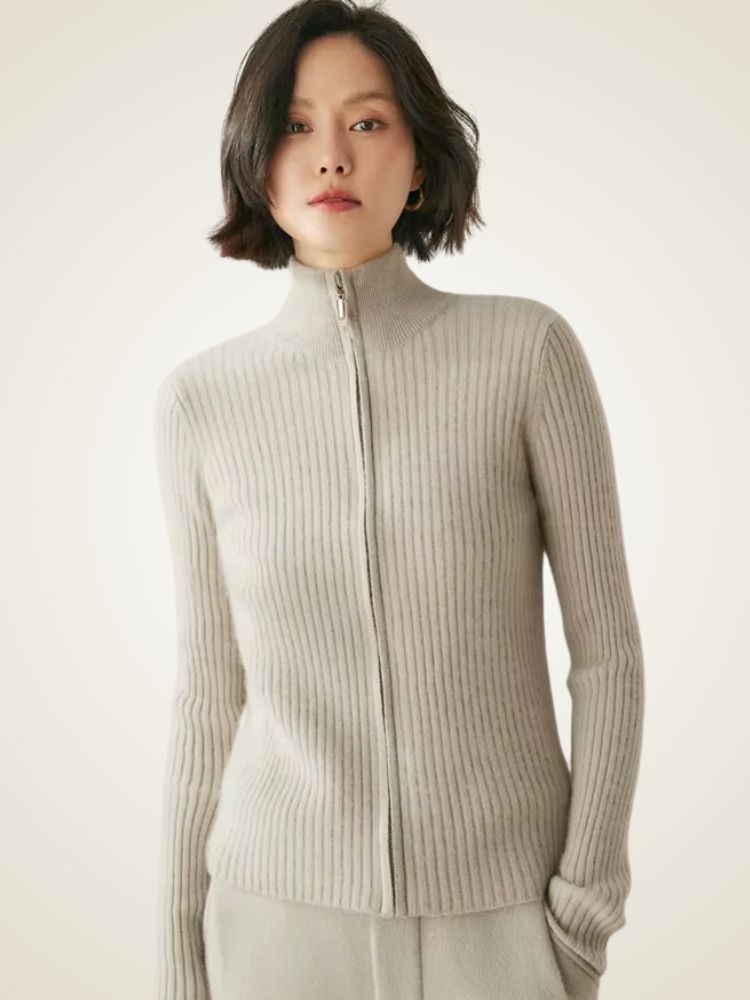 Lanlycashmere Women Ribbed Zip Cashmere Sweater 