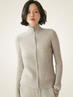 Lanlycashmere Women Ribbed Zip Cashmere Sweater 