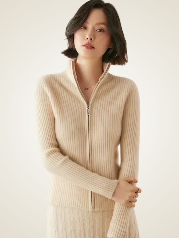 Lanlycashmere Women Ribbed Zip Cashmere Sweater 
