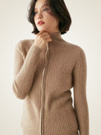 Lanlycashmere Women Ribbed Zip Cashmere Sweater 