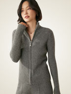 Lanlycashmere Women Ribbed Zip Cashmere Sweater 