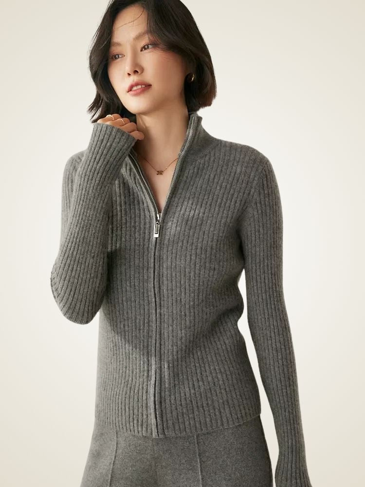 Lanlycashmere Women Ribbed Zip Cashmere Sweater 