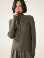Lanlycashmere Women Ribbed Zip Cashmere Sweater 