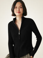 Lanlycashmere Women Ribbed Zip Cashmere Sweater 