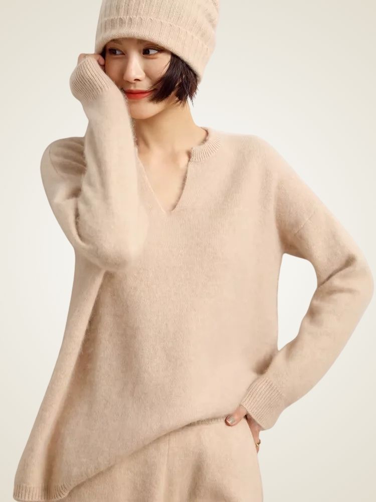 Lanlycashmere Women V-Neck Cashmere Sweater 