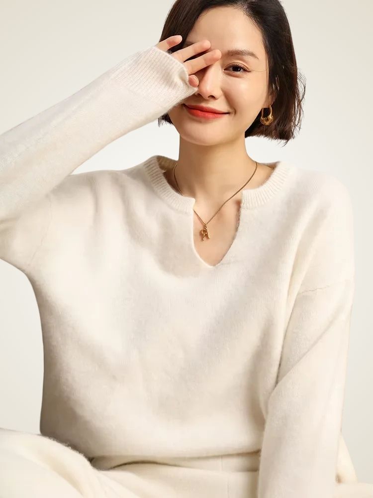 Lanlycashmere Women V-Neck Cashmere Sweater 