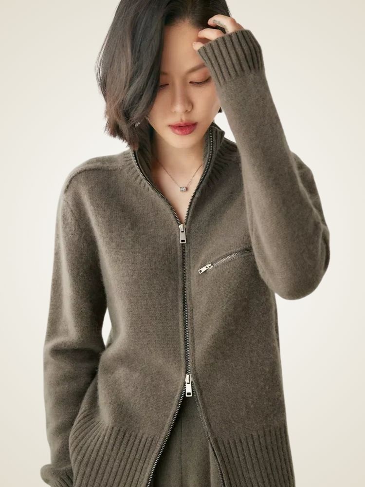 Lanlycashmere Women Zip Cashmere Cardigan