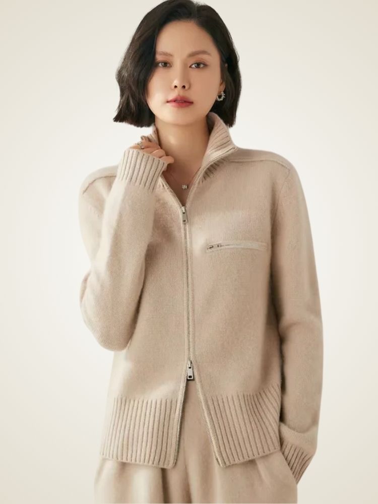 Lanlycashmere Women Zip Cashmere Cardigan