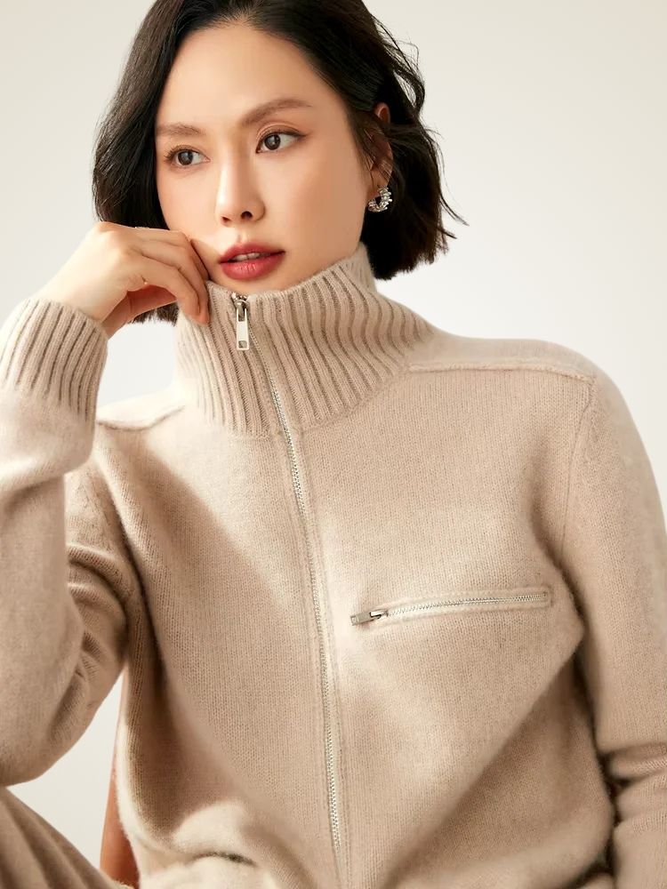 Lanlycashmere Women Zip Cashmere Cardigan