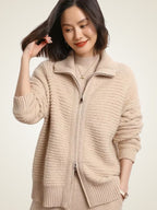 Lanlycashmere Women Zip Cashmere Cardigan – Ribbed Stand Collar Knit Sweater