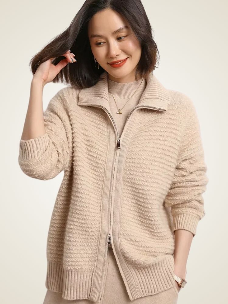 Lanlycashmere Women Zip Cashmere Cardigan – Ribbed Stand Collar Knit Sweater
