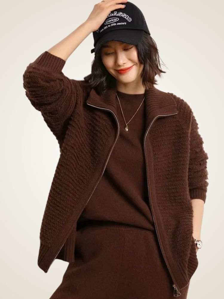 Lanlycashmere Women Zip Cashmere Cardigan – Ribbed Stand Collar Knit Sweater
