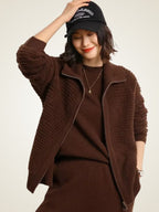 Lanlycashmere Women Zip Cashmere Cardigan – Ribbed Stand Collar Knit Sweater