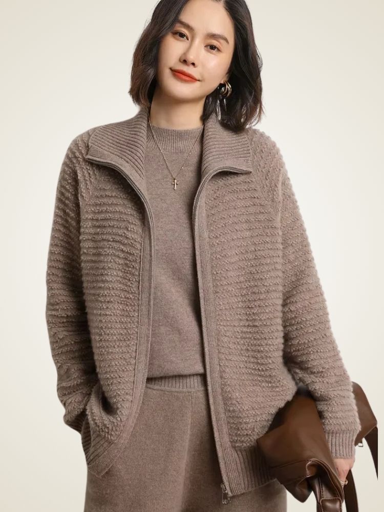 Lanlycashmere Women Zip Cashmere Cardigan – Ribbed Stand Collar Knit Sweater
