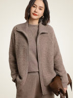 Lanlycashmere Women Zip Cashmere Cardigan – Ribbed Stand Collar Knit Sweater