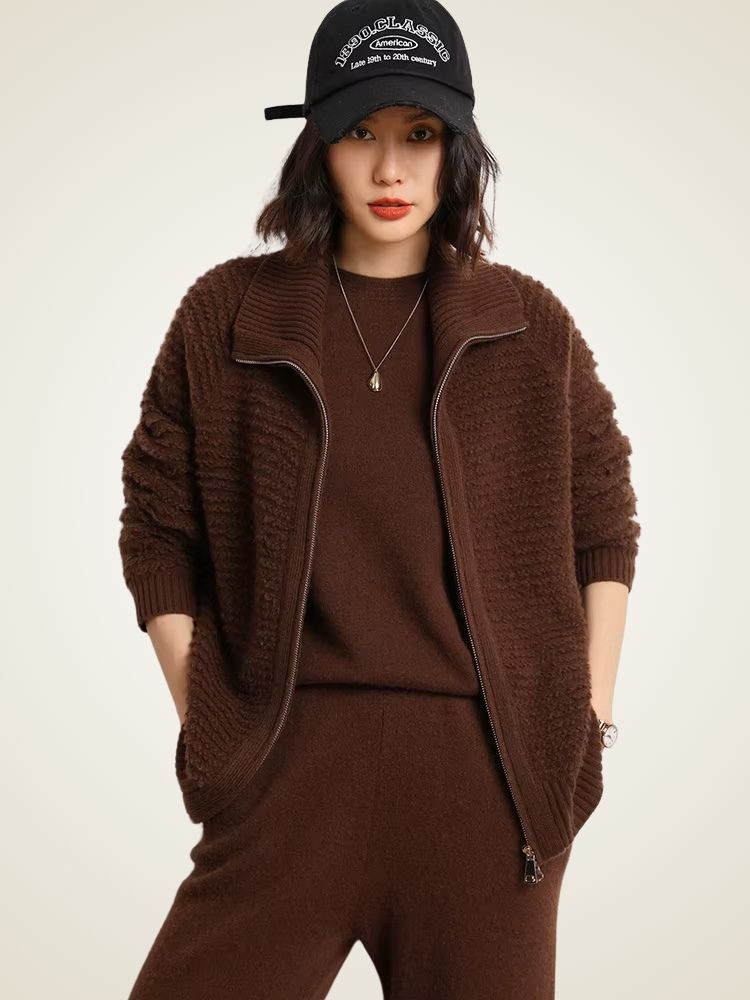 Lanlycashmere Women Zip Cashmere Cardigan – Ribbed Stand Collar Knit Sweater