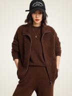 Lanlycashmere Women Zip Cashmere Cardigan – Ribbed Stand Collar Knit Sweater