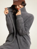 Lanlycashmere Women Zip Cashmere Cardigan – Ribbed Stand Collar Knit Sweater