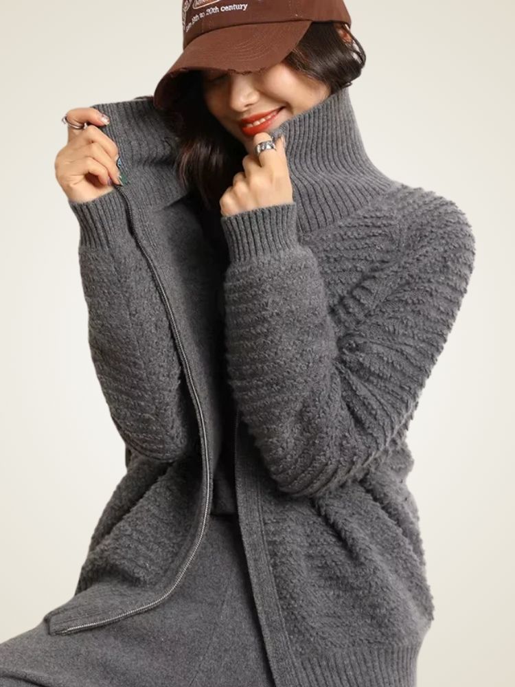 Lanlycashmere Women Zip Cashmere Cardigan – Ribbed Stand Collar Knit Sweater