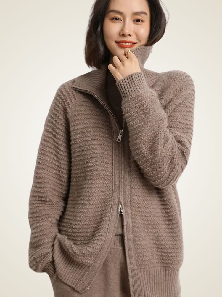 Lanlycashmere Women Zip Cashmere Cardigan – Ribbed Stand Collar Knit Sweater