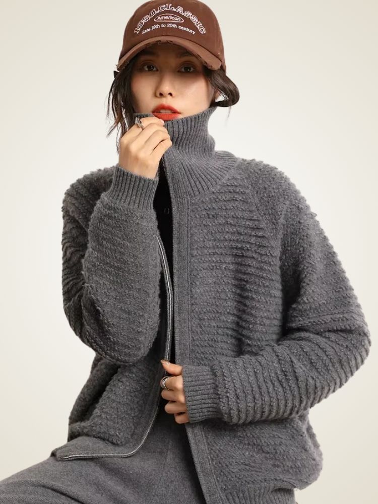 Lanlycashmere Women Zip Cashmere Cardigan – Ribbed Stand Collar Knit Sweater