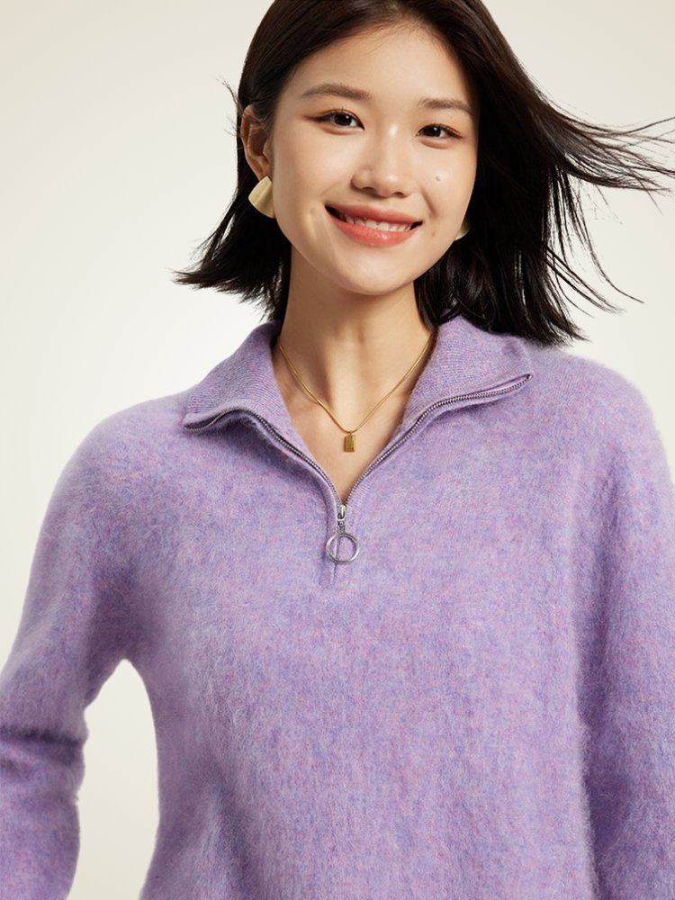 Lanlycashmere Women's Quarter-Zip Polo Sweater Fleece Knit Pullover