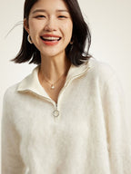 Lanlycashmere Women's Quarter-Zip Polo Sweater Fleece Knit Pullover