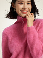 Lanlycashmere Women's Quarter-Zip Polo Sweater Fleece Knit Pullover