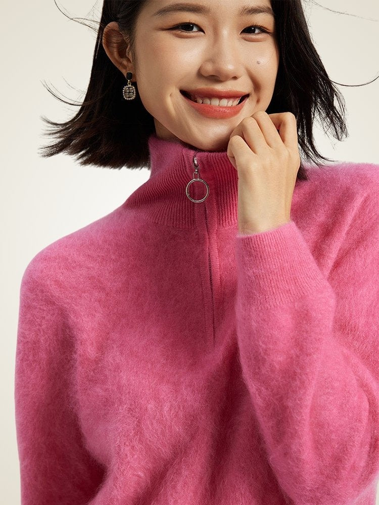 Lanlycashmere Women's Quarter-Zip Polo Sweater Fleece Knit Pullover