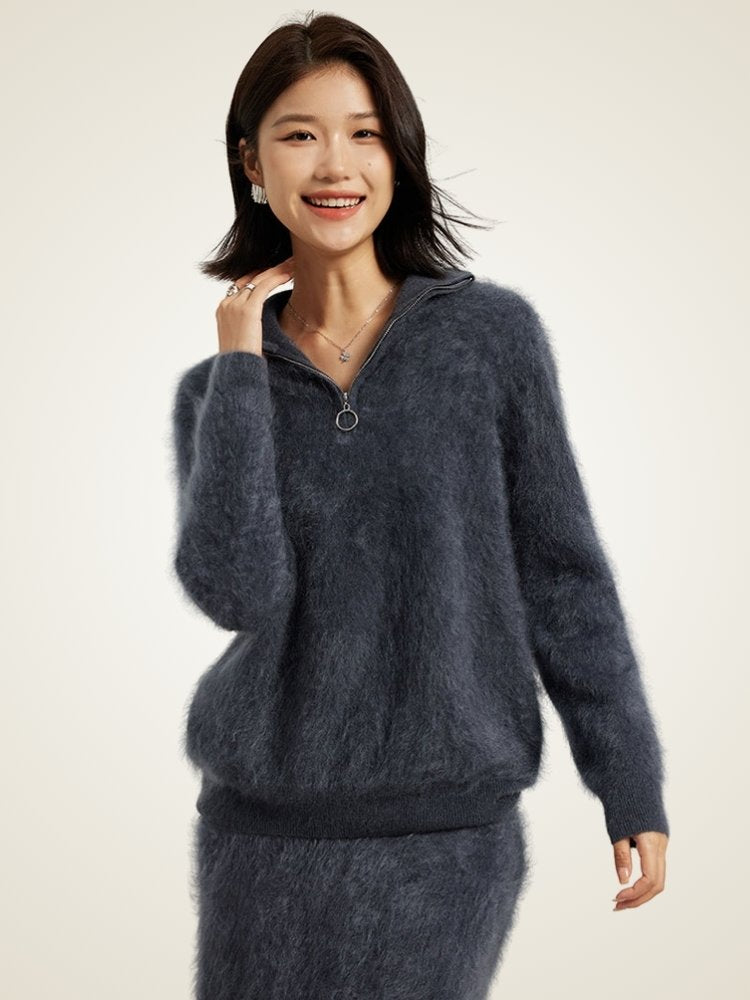Lanlycashmere Women's Quarter-Zip Polo Sweater Fleece Knit Pullover