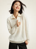 Lanlycashmere Women's Quarter-Zip Polo Sweater Fleece Knit Pullover