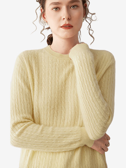 LANLY - Women's Cable Knit Sweater Soft Cashmere Wool Crewneck Top