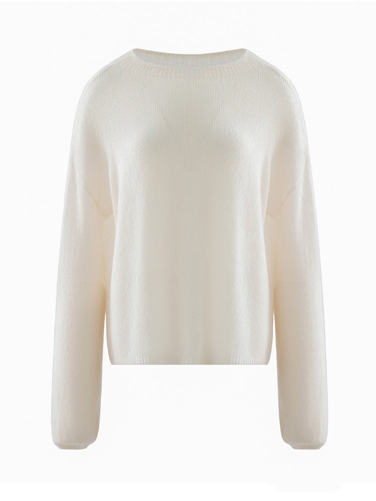 LANLY - Lightweight Knit Cashmere Sweater Silk Mongolian Sheer Boat Neck Drop Shoulder Pullover